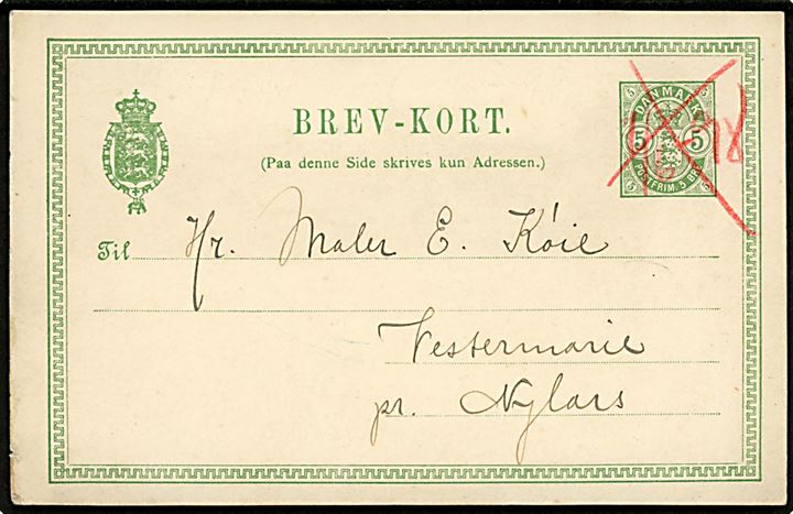 5 øre Våben helsagsbrevkort fra Rønne blækannulleret med rødt kryds og dato d. 11.6.1898 til Vestermarie pr. Nylars