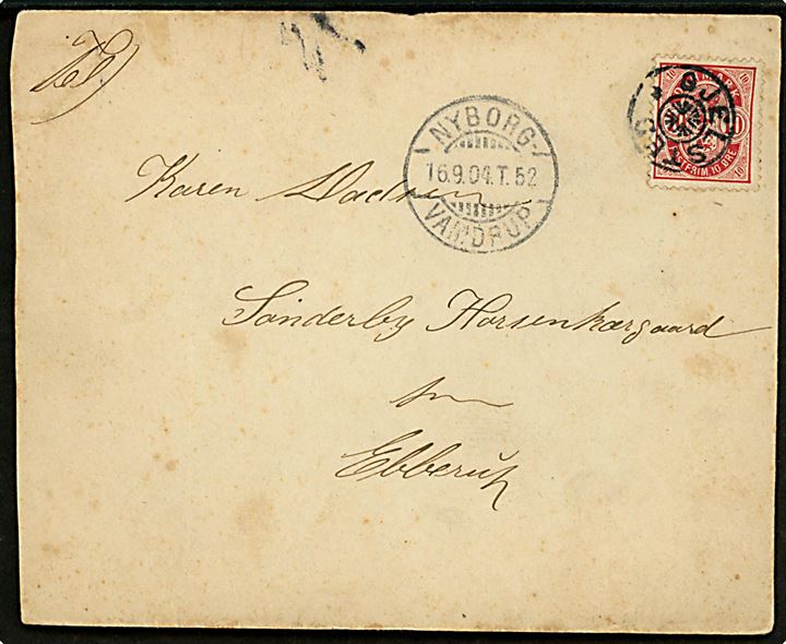 10 øre Våben på brev annulleret med stjernestempel GJELSTED og sidestemplet bureau Nyborg - Vamdrup T.52 d. 16.9.1904 til Sønderby pr. Ebberup.