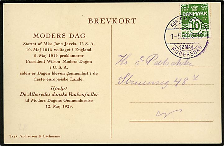 10 øre Bølgelinie på særligt Moders Dag brevkort tegnet af Thor Bøgelund med violet særstempel København Omk. / 12 Maj / Modersdag d. 1.5.1929 sendt lokalt i København