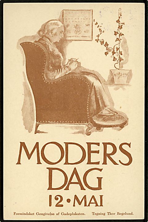 10 øre Bølgelinie på særligt Moders Dag brevkort tegnet af Thor Bøgelund med violet særstempel København Omk. / 12 Maj / Modersdag d. 1.5.1929 sendt lokalt i København