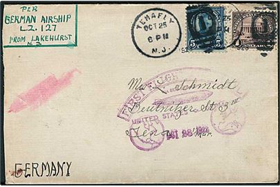 5 cents Roosevelt og 1 $ Lincoln Memorial på Zeppelin brev fra Tenafly d. 25.10.1928 via Friedrichshafen til Jena, Tyskland. Befordret med Luftskib LZ 127 Graf Zeppelin med violet flyvningsstempel: First Flight Air Mail via Graf Zeppelin United States to Germany 28.10.1928.