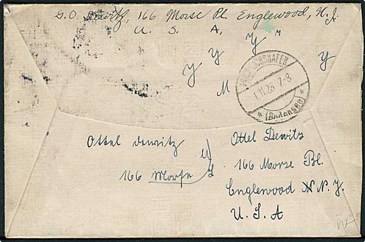 5 cents Roosevelt og 1 $ Lincoln Memorial på Zeppelin brev fra Tenafly d. 25.10.1928 via Friedrichshafen til Jena, Tyskland. Befordret med Luftskib LZ 127 Graf Zeppelin med violet flyvningsstempel: First Flight Air Mail via Graf Zeppelin United States to Germany 28.10.1928.