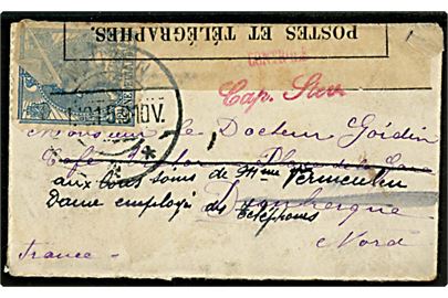 12½ c. single på lille brev annulleret med stempel delvist dækket af censurbanderole d. 1.10.1915 til Dunkerque, Frankrig. Åbnet af fransk censur.