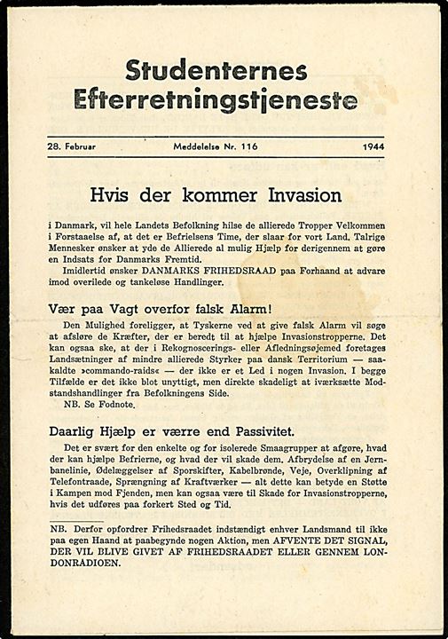 Studenternes Efterretningstjeneste Meddelelse no. 116 d. 28.2.1944. 4 sider illegalt blad.