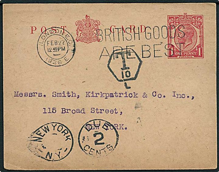 1d George V helsagsbrevkort fra London d. 27.2.1926 til New York, USA. Underfrankeret med 2 cents portostempel fra New York.