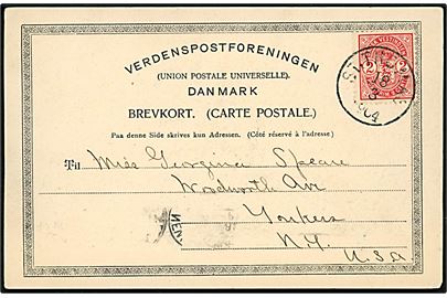 2 cents Våben på brevkort (St. Thomas havn med dampskib) annulleret St. Thomas d. 18.3.1904 til Yonkers, New York, USA.