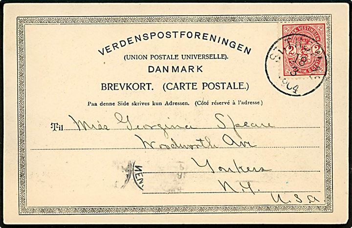 2 cents Våben på brevkort (St. Thomas havn med dampskib) annulleret St. Thomas d. 18.3.1904 til Yonkers, New York, USA.