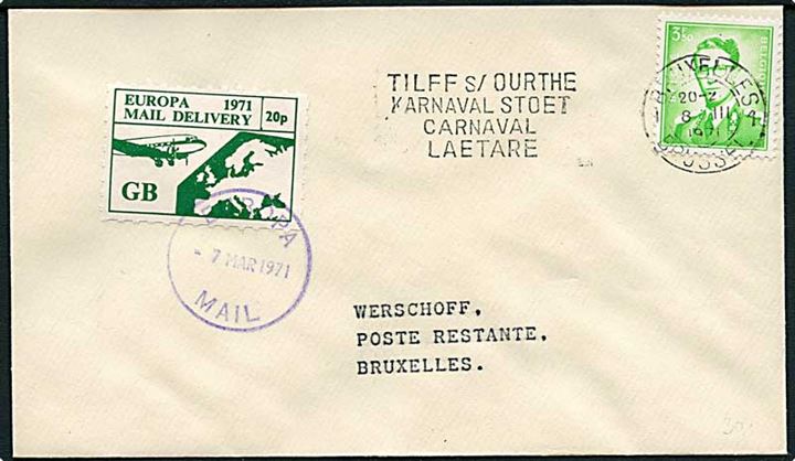 Europa Mail Dilevery 1971 20 p. Strejkepost mærkat stemplet Europa Mail d. 7.3.1971 og belgisk 3,50 fr. stemplet Bruxelles d. 8.3.1971 på strejkepost brev fra England til Bruxelles, Belgien.