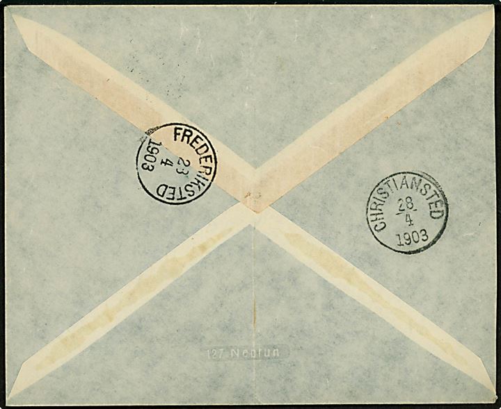 Halveret 4 cents Tofarvet på brev annulleret St: Thomas d. 27.4.1903 via Frederiksted og Christiansted til Kommandersergent i Christiansted på St. Croix. Lodret fold.