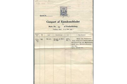 4 kr. Stempelmærke annulleret med kontorstempel fra Frederiksberg d. 7.9.1944 på Genpart af Ejendomsbladet.