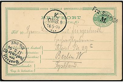 15 öre helsagsbrevkort annulleret med skibsstempel Fra Sverige M. og sidestemplet K. OMB. 5 d. 16.6.1894 til Berlin, Tyskland. Overfrankeret og uden meddelelse på bagsiden. 