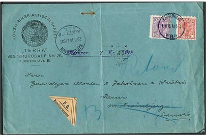 10 øre og 15 øre Chr. X på brev med opkrævning fra Kjøbenhavn d. 18.11.1915 til Besser pr. Tranebjerg, Samsø. Returneret.