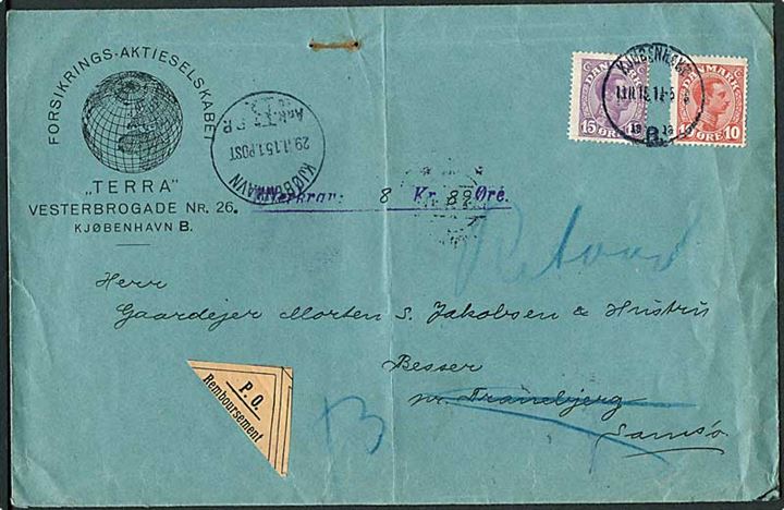 10 øre og 15 øre Chr. X på brev med opkrævning fra Kjøbenhavn d. 18.11.1915 til Besser pr. Tranebjerg, Samsø. Returneret.
