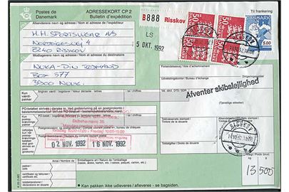 5 kr. Tegneserie og 50 kr. Rigsvåben (4) på adressekort for pakke fra Risskov d. 14.10.1992 til Godthåb, Grønland. Liniestempel: Afventer skibslejlighed.