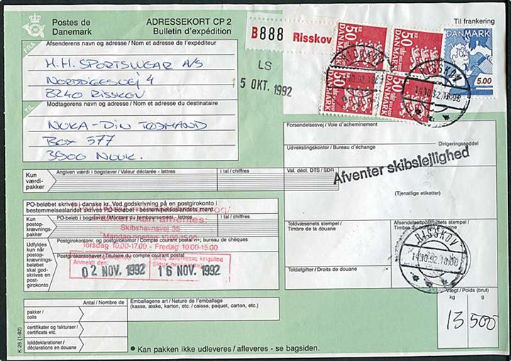 5 kr. Tegneserie og 50 kr. Rigsvåben (4) på adressekort for pakke fra Risskov d. 14.10.1992 til Godthåb, Grønland. Liniestempel: Afventer skibslejlighed.