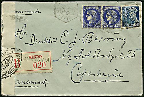 3 frank porto på Rec. brev Menton, Frankrig, d. 27.2.1940 til København. Fransk censur.