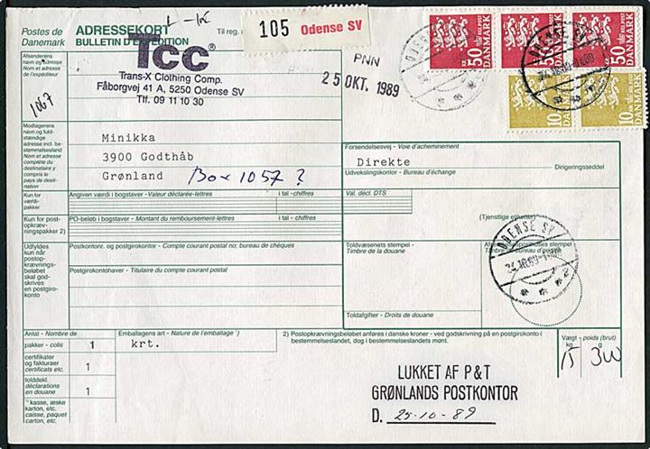 10 kr. (2) og 50 kr. (3) Rigsvåben på adressekort for pakke fra Odense SV d. 24.10.1989 til Godthåb, Grønland. Stemplet: Lukket af P&T Grønlands Postkontor.
