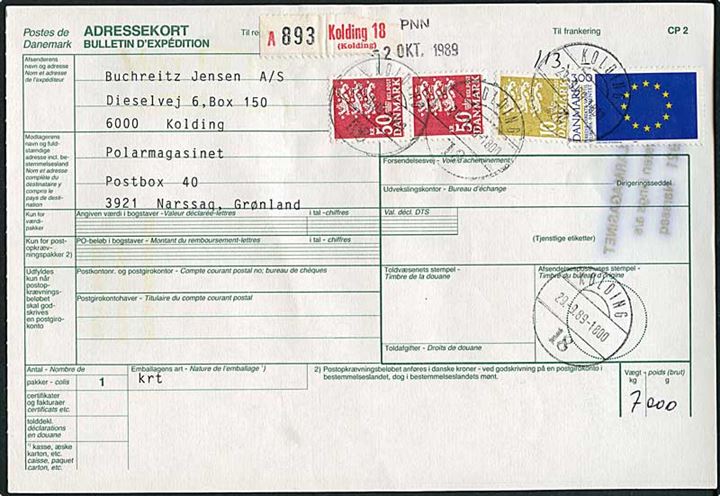 3 kr. Europaparlament, 10 kr. og 50 kr. (2) Rigsvåben på adressekort for pakke annulleret med vanskeligt brotype Vd stempel Kolding 18 d. 29.9.1989 til Narssaq, Grønland.