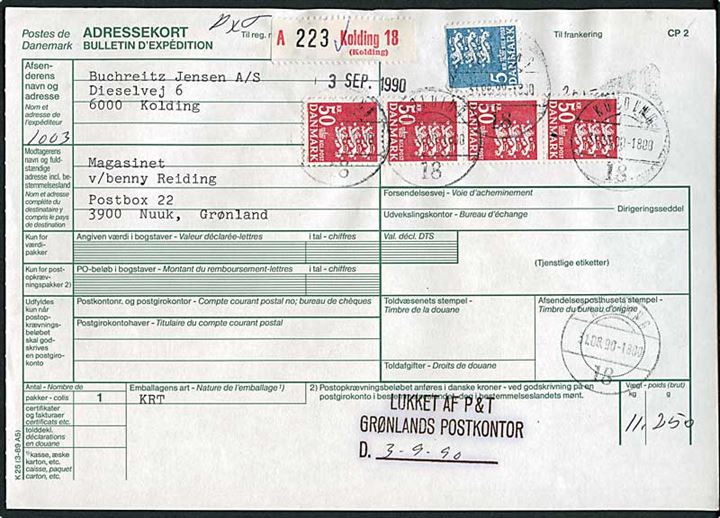 5 kr. og 50 kr. (4) Rigsvåben på adressekort for pakke annulleret med vanskeligt brotype Vd stempel Kolding 18 d. 31.8.1990 til Godthåb, Grønland. Stemplet: Lukket af P&T Grønlands Postkontor.