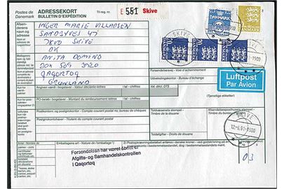 100 øre Bølgelinie, 10 kr. og 20 kr.(3) Rigsvåben på adressekort for pakke fra Skive d. 12.6.1991 til Julianehåb, Grønland. Stemplet: Forsendelsen har været åbnet af Afgifts- og Samhandelskontrollen i Qaqortoq.