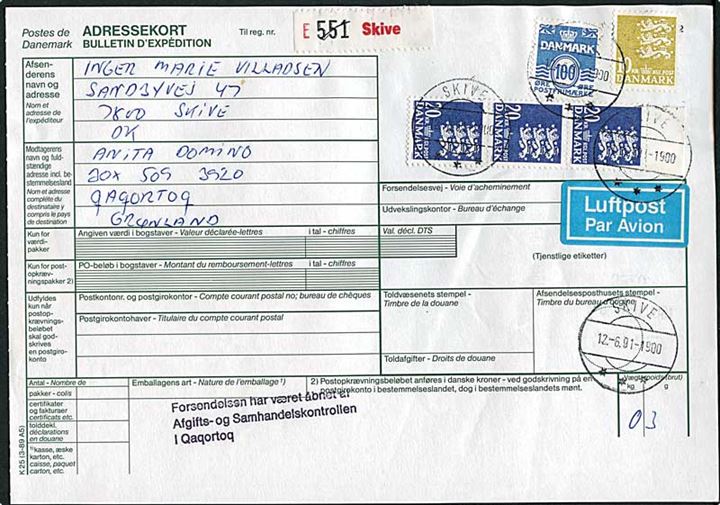 100 øre Bølgelinie, 10 kr. og 20 kr.(3) Rigsvåben på adressekort for pakke fra Skive d. 12.6.1991 til Julianehåb, Grønland. Stemplet: Forsendelsen har været åbnet af Afgifts- og Samhandelskontrollen i Qaqortoq.