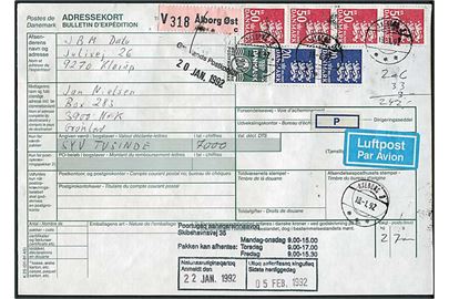200 øre Bølgelinie, 20 kr. (2) og 50 kr. (4) Rigsvåben på adressekort for værdi-luftpostpakke annulleret med postspare stempel Aalborg Ø d. 10.1.1992 til Godthåb, Grønland.