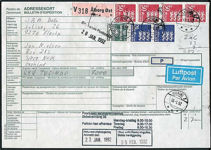 200 øre Bølgelinie, 20 kr. (2) og 50 kr. (4) Rigsvåben på adressekort for værdi-luftpostpakke annulleret med postspare stempel Aalborg Ø d. 10.1.1992 til Godthåb, Grønland.