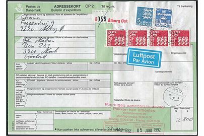 100 øre Bølgelinie, 5 kr. og 50 kr. (4) Rigsvåben på adressekort for luftpostkort annulleret med postspare stempel Aalborg Ø d. 18.5.1992 til Godthåb, Grønland.