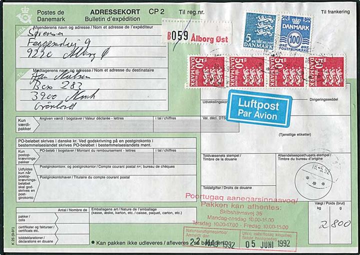 100 øre Bølgelinie, 5 kr. og 50 kr. (4) Rigsvåben på adressekort for luftpostkort annulleret med postspare stempel Aalborg Ø d. 18.5.1992 til Godthåb, Grønland.