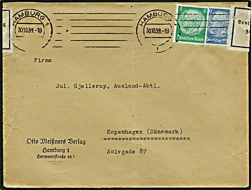 5 og 20 pfennig Hindenburg censurbrev Hamburg, Tyskland, d. 30.10.1939 til København.