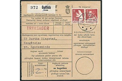 50 øre Fr. IX og 2 kr. Isbjørn på adressekort for pakke fra Godthåb d. 3.7.1966 til Kangsatsiak pr. Egedesminde.