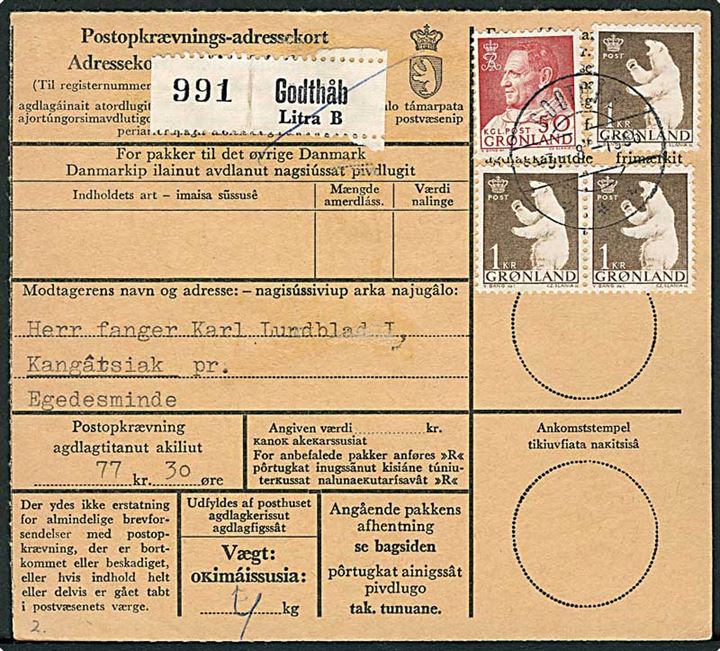 50 øre Fr. IX og 1 kr. Isbjørn (3) på adressekort for pakke fra Godthåb d. 3.8.1966 til Kangatsiak pr. Egedesminde.