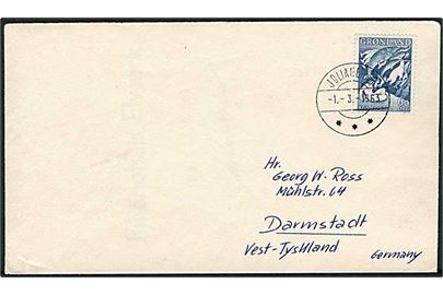 60 øre Havets Moder på brev fra Julianehåb d. 1.3.1963 til Darmstadt, Tyskland.