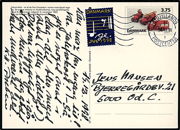3,75 kr. Legetøj illustreret helsagsbrevkort med Julemærke 1998 stemplet Sydjyllands Postcenter d. 20.12.1998 til Odense.