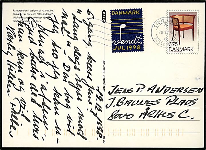 3,75 kr. Dansk Design illustreret helsagsbrevkort med Julemærke 1998 stemplet Sydjyllands Postcenter d. 20.12.1998 til Århus.