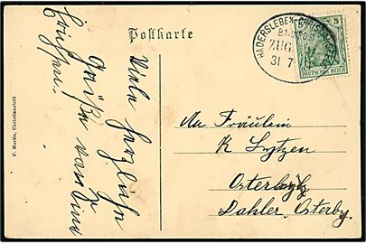 5 pfg. Germania på brevkort annulleret med ovalt bureaustempel Hadersleben - Christiansfeld Bahnpost Zug 9 d. 31.7.1911 til Dahler Osterby.