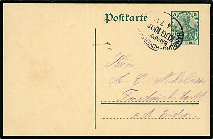 5 pfg. Germania helsagsbrevkort annulleret med ovalt bureaustempel Hamburg - Hoyerschleuse Bahnpost Zug 1005 d. 4.7.1914 til Friedrichstadt.