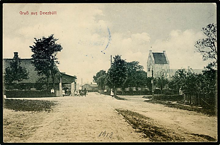 7½ pfg. Germania på brevkort fra Deezbüll stemplet Niebüll d. 19.2.1918 til Haderslev. Blåt censurstempel: Ü.-K. Tondern.