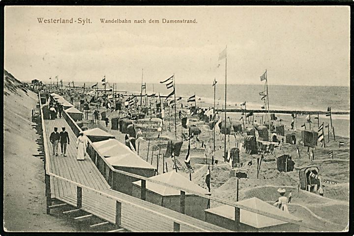 5 pfg. Germania på brevkort (Westerland-Sylt: Wandelbahn nach dem Damenstrand) dateret i Westerland og annulleret med skibsstempel Hoyerschleuse - Munkmarch Seepost No. 3 d. 7.7.1908 til Wyk a. Föhr. 