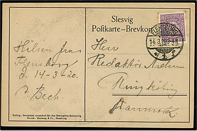 40 pfg. Fælles udg. på afstemnings-brevkort fra Flensburg d. 14.3.1920 til Ringkøbing, Danmark.