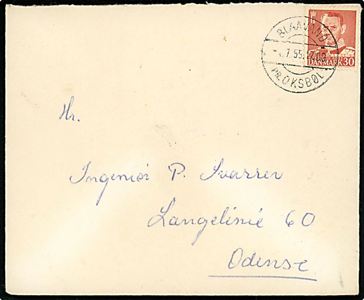 30 øre Fr. IX på brev annulleret med pr.-stempel Blaavand pr. Oksbøl d. 4.7.1955 til Odense.
