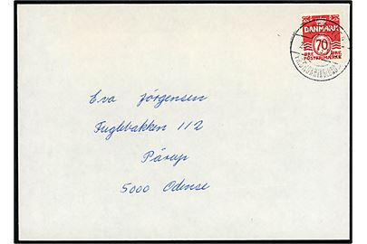 70 øre Bølgelinie på brev annulleret med pr.stempel Agersted pr. Dronninglund sn1 d. 23.10.1973 til Pårup pr. Odense.