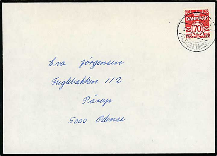 70 øre Bølgelinie på brev annulleret med pr.stempel Agersted pr. Dronninglund sn1 d. 23.10.1973 til Pårup pr. Odense.