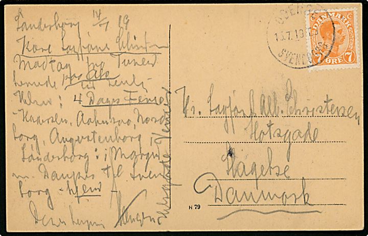 7 øre Chr. X på brevkort (Sønderborg Posthus og Rådhus) dateret Sønderborg d. 14.7.1919 og annulleret med bureaustempel Svendborg - Odense T.9 d. 15.7.1919 til Slagelse. Iflg. meddelelse fra rejse i Sønderjylland som afsluttes med damper fra Sønderborg til Svendborg.