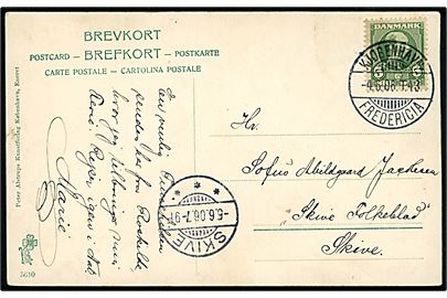 5 øre Chr. IX på brevkort (Roskilde, katolsk hospital) annulleret med bureaustempel Kjøbenhavn - Fredericia T.43 d. 4.6.1906 til Skive.