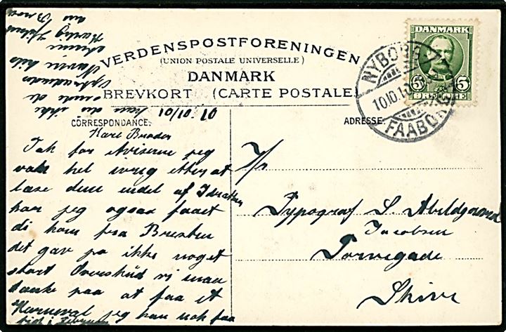 5 øre Fr. VIII på brevkort (Brahetrolleborg Garveri) annulleret med bureaustempel Nyborg - Faaborg T.39 d. 10.10.1910 til Skive.
