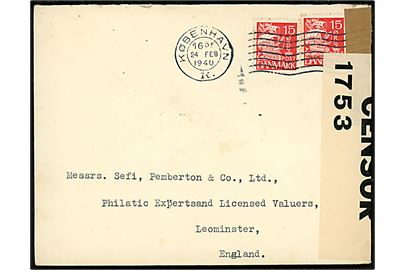 15 øre Karavel (2) på brev fra København d. 24.2.1940 til Leominster, England. Åbnet af tidlig britisk censur PC66/1753.