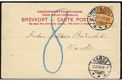 Ufrankeret brevkort (Esbjerg havn med dampskibe) fra Esbjerg postalt opfrankeret med 1 øre Våben stemplet Esbjerg d. 25.11.1904 til Varde. Udtakseret i 8 øre porto.