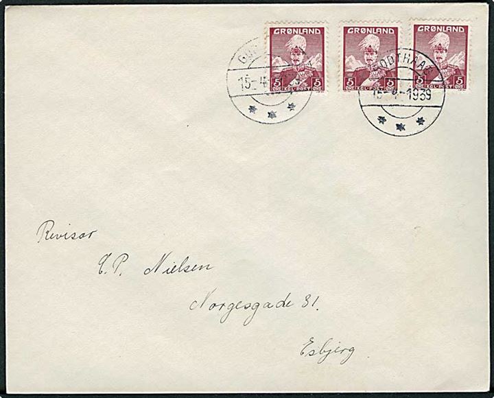 5 øre Chr. X (3) på brev stemplet Godthaab d. 15.4.1939 til Esbjerg.