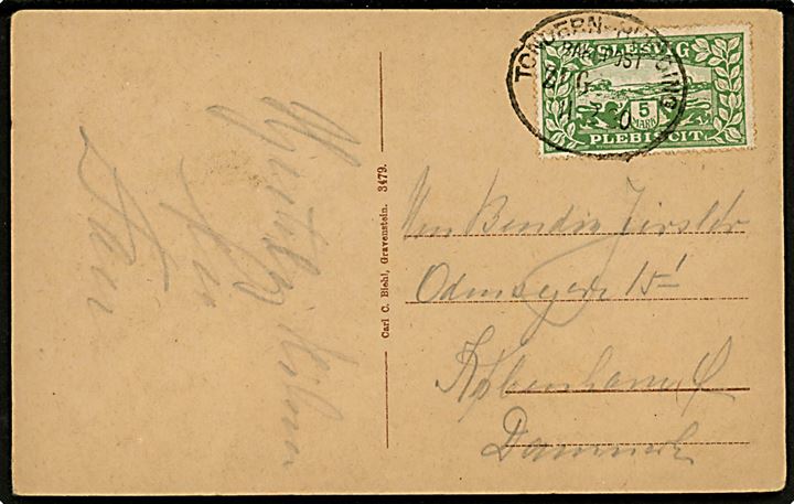 5 mk. Fælles udg. på overfrankeret brevkort (Gruss vom Nordseestrand) annulleret med bureaustempel Tondern - Hvidding Bahnpost Zug (uden nr.) d. 11.2.1920 til København.